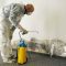 Person in protective gear spraying mold on a wall with a yellow pump sprayer in a room